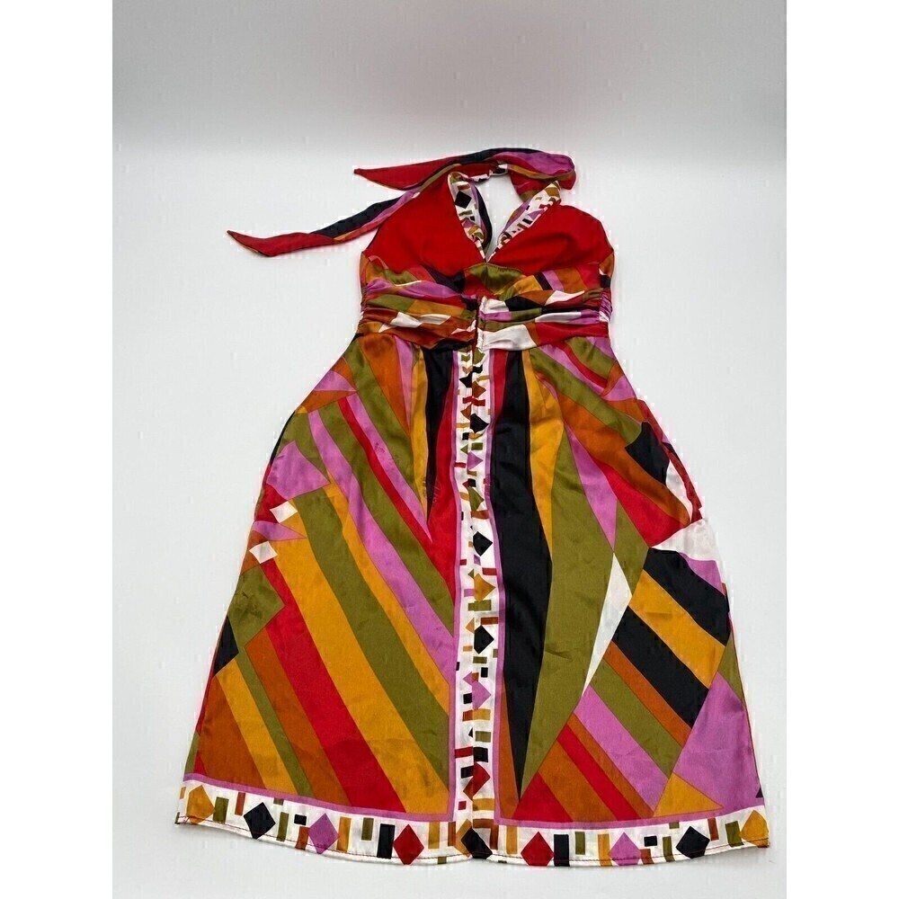 Rubber Ducky Multi-colored A-Line Backless Satin Halter Dress Size Medium